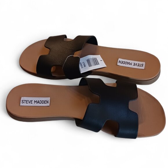 Steve Madden Leather H-Band Slide Flat Sandal Black 9 NIB - Picture 2 of 10